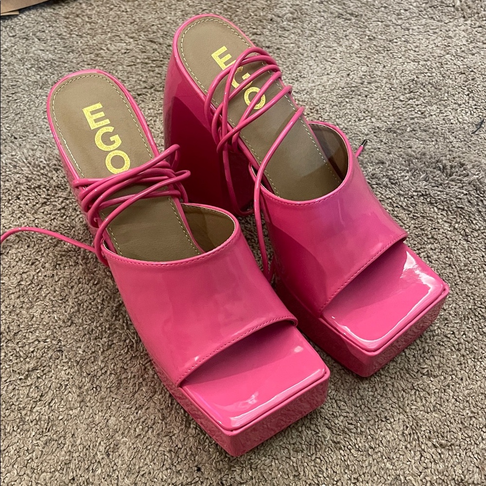 EGO Pink Patent Platform Lace-Up Mule Heels Sz UK7/US9